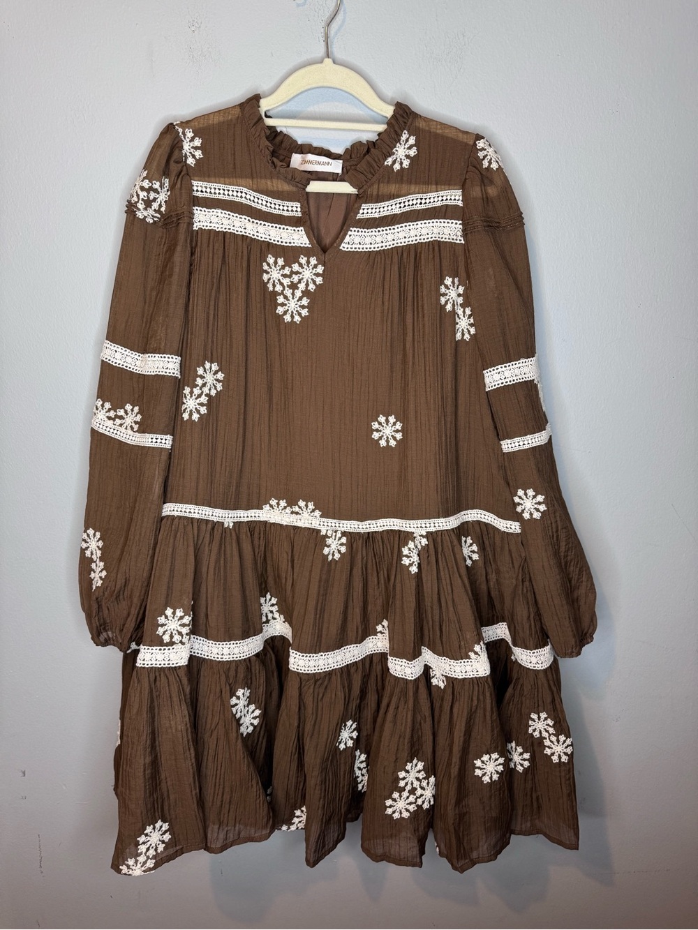 Zimmermann medium Brown Boho Embroidered Tiered Dress with long sleeves